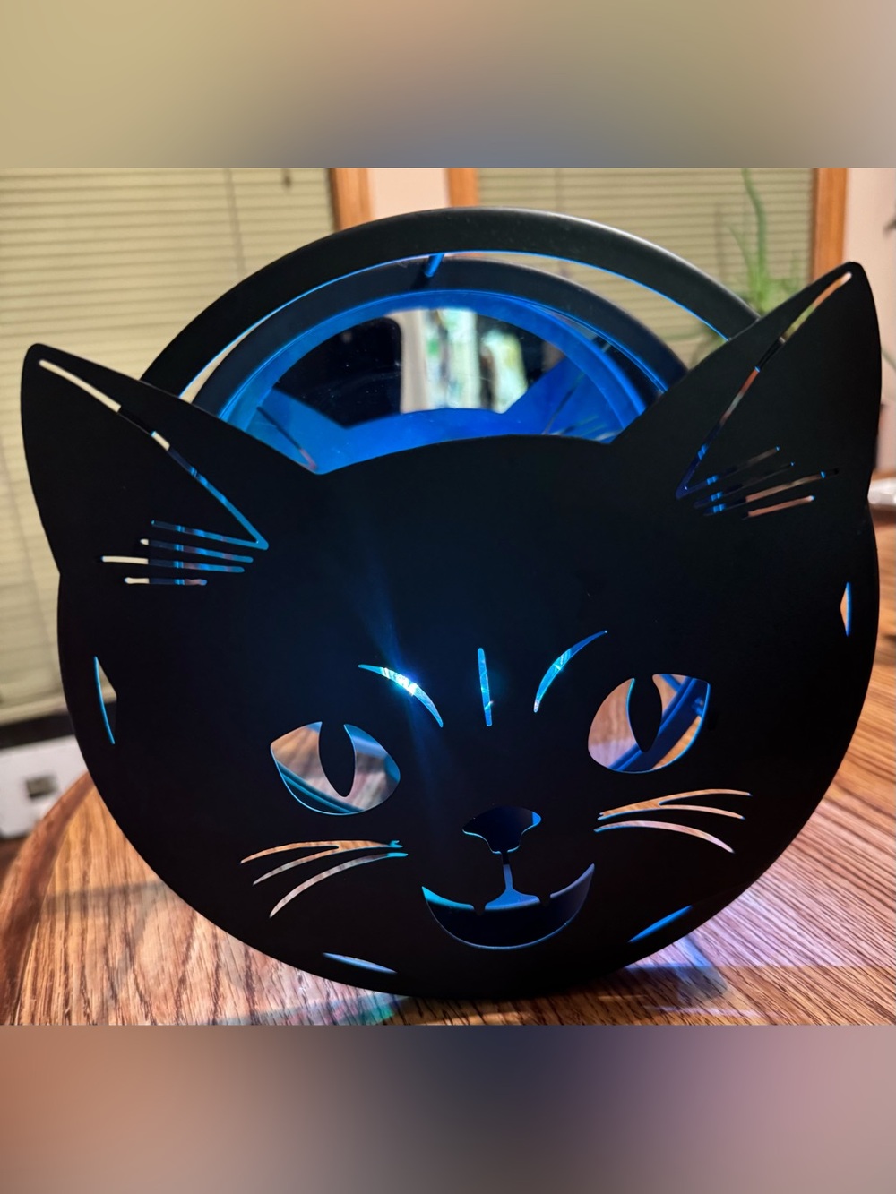 Halloween metal black cat mirror with battery operated color changing lightbulb